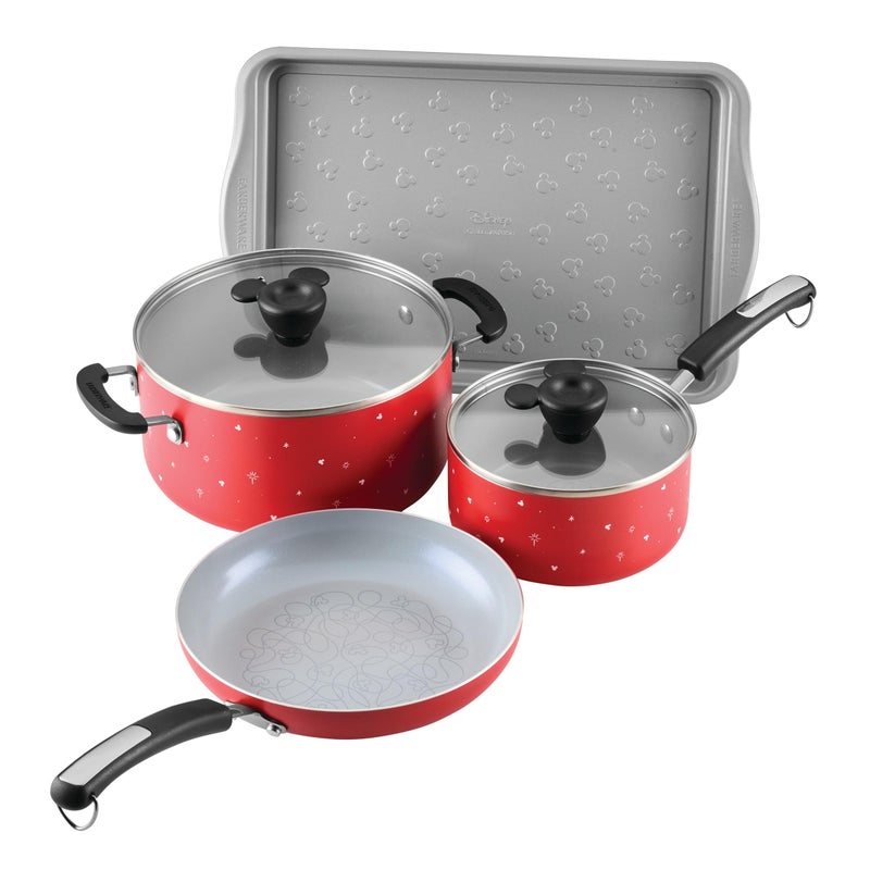 Farberware Disney Bon Voyage Ceramic Nonstick Pots and Pans Set with Baking Sheet/Cookie Pan and Disney Home Kitchen Tools, 8 Piece Non Stick Cookware Set - Red - Image 1