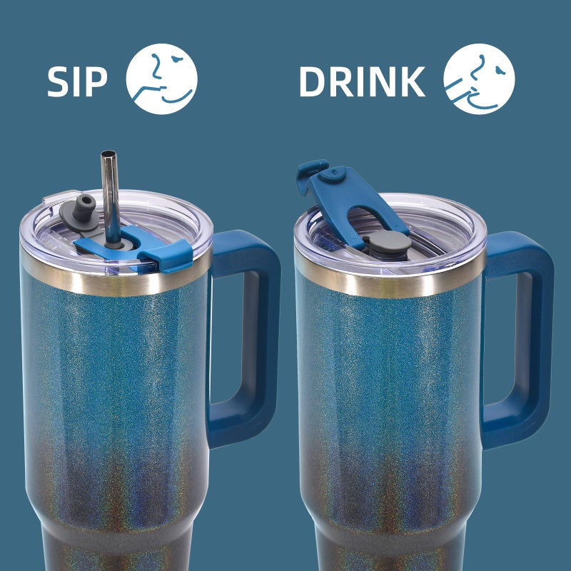 WATERSY 40 oz Shiny Tumbler with Handle and Straw,Stainless Steel Tumbler with Lid and Straw,Insulated Travel Mug(Cold for 34 Hours),Water Bottle for Iced Tea,Coffee (Black Blue) - Image 3