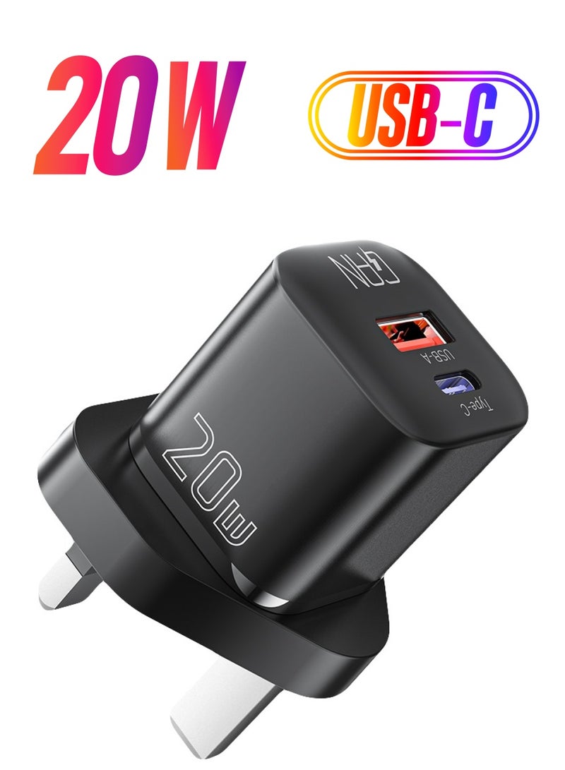 RAFFAE 20W GaN Travel Adapter With Dual Port USB-A, Type-C, PD Fast Charger for Samsung, Huawei, OnePlus, iPhone 15/15 Pro/15 Pro Max/14/13/12 - Black - Image 1