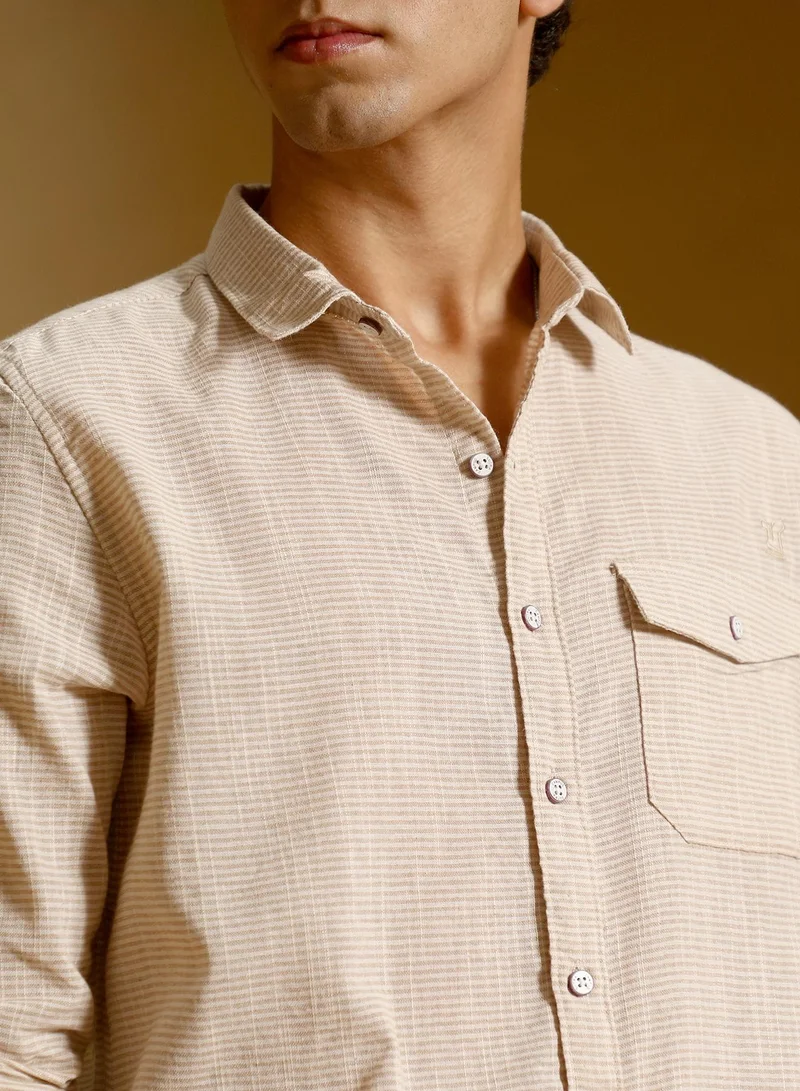 Campus Sutra Men Candy-Stripe Jacquard Shirt | Spread Collar , Long Cuffed Sleeves | Button Closure Curved Hem | Stripes Jacquard | Woven Fabric For Casual & Daily Wear | Khaki Beige