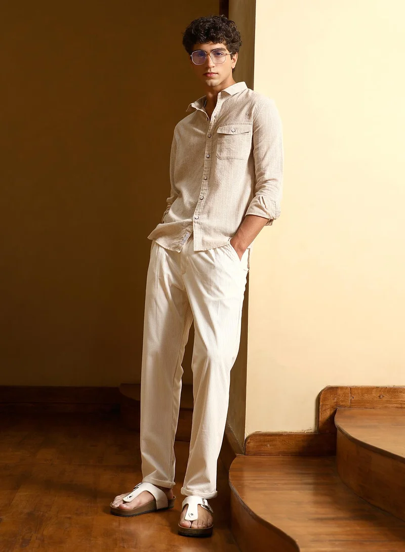 Campus Sutra Men Candy-Stripe Jacquard Shirt | Spread Collar , Long Cuffed Sleeves | Button Closure Curved Hem | Stripes Jacquard | Woven Fabric For Casual & Daily Wear | Khaki Beige