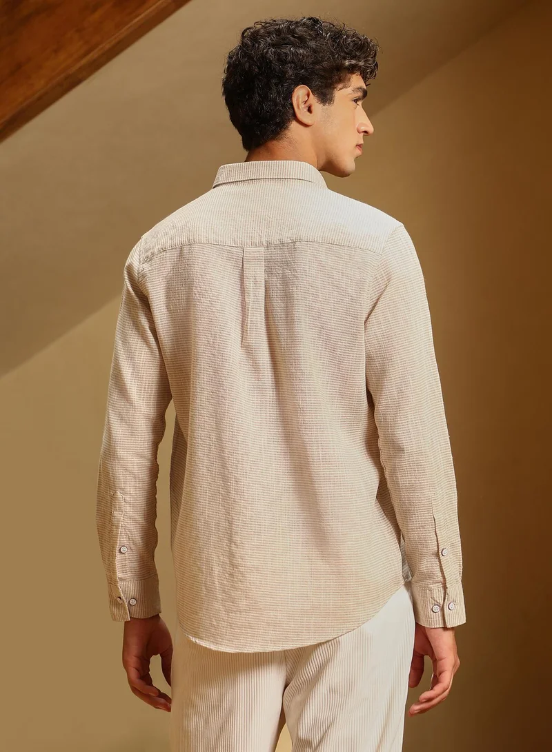 Campus Sutra Men Candy-Stripe Jacquard Shirt | Spread Collar , Long Cuffed Sleeves | Button Closure Curved Hem | Stripes Jacquard | Woven Fabric For Casual & Daily Wear | Khaki Beige