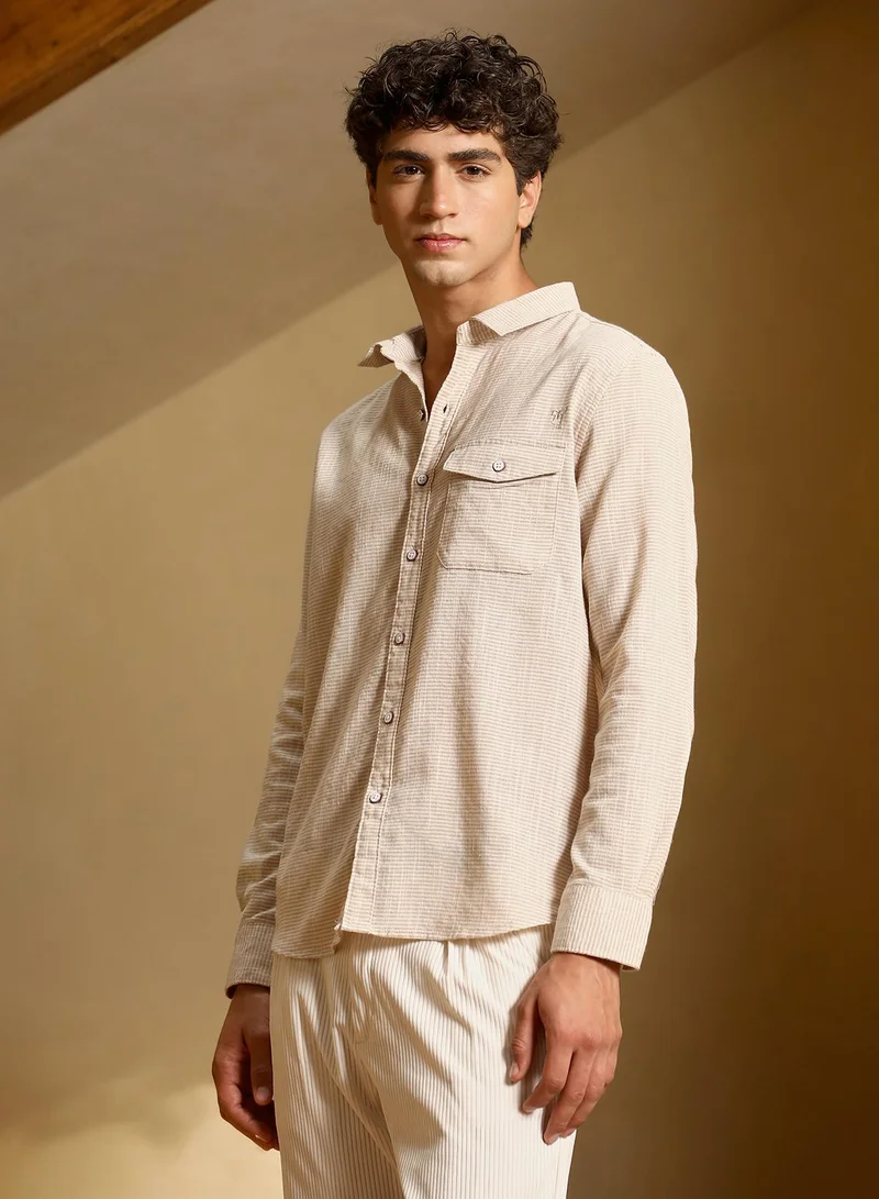Campus Sutra Men Candy-Stripe Jacquard Shirt | Spread Collar , Long Cuffed Sleeves | Button Closure Curved Hem | Stripes Jacquard | Woven Fabric For Casual & Daily Wear | Khaki Beige