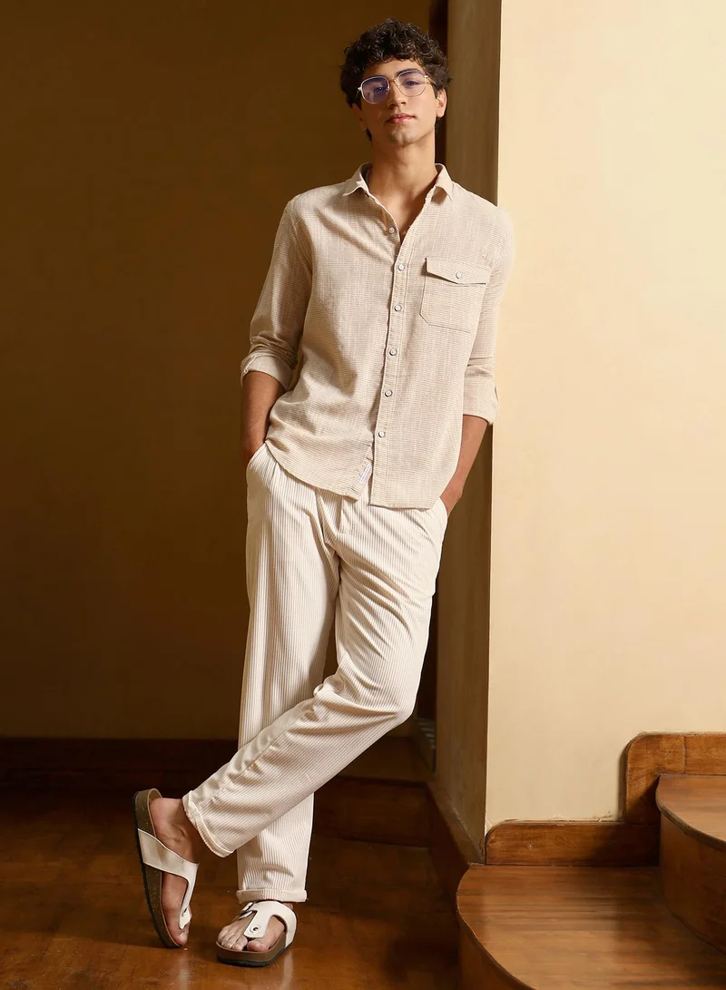 Campus Sutra Men Candy-Stripe Jacquard Shirt | Spread Collar , Long Cuffed Sleeves | Button Closure Curved Hem | Stripes Jacquard | Woven Fabric For Casual & Daily Wear | Khaki Beige