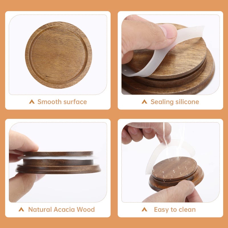 DingCo 12 Pack Wide Mouth Mason Jar Lids, Reusable Canning Lids with Wooden and Silicone Seals - Perfect for Canning and Preserving in Mason Jars, Brown (12PCS Wide Lids) - Image 3