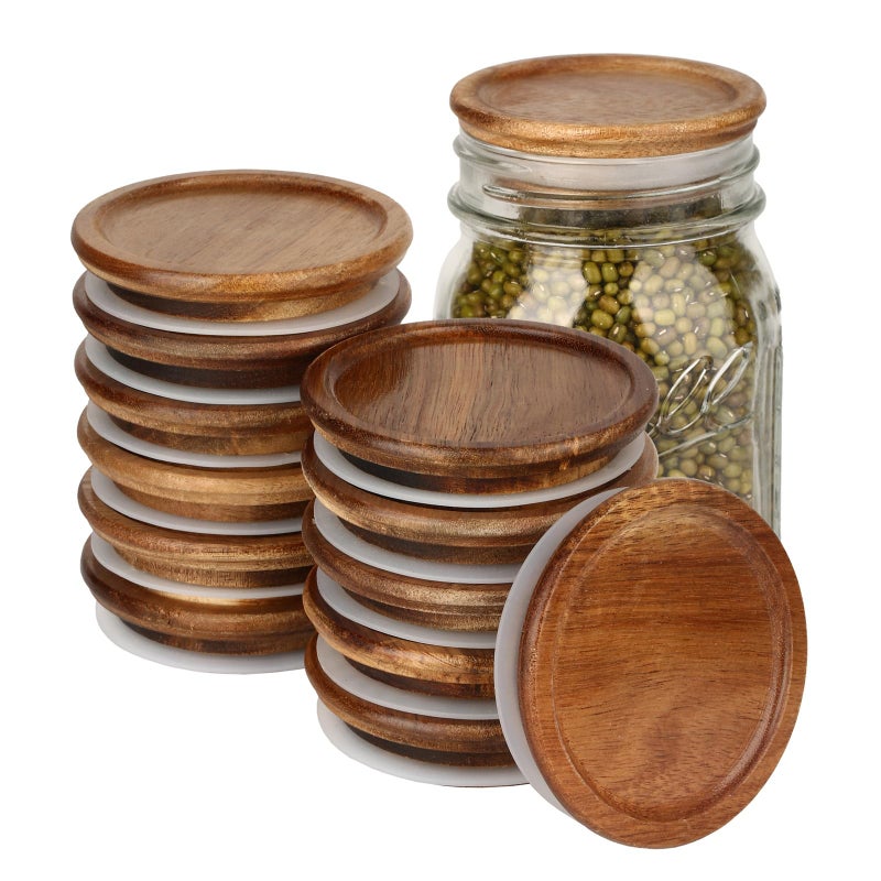 DingCo 12 Pack Wide Mouth Mason Jar Lids, Reusable Canning Lids with Wooden and Silicone Seals - Perfect for Canning and Preserving in Mason Jars, Brown (12PCS Wide Lids) - Image 1