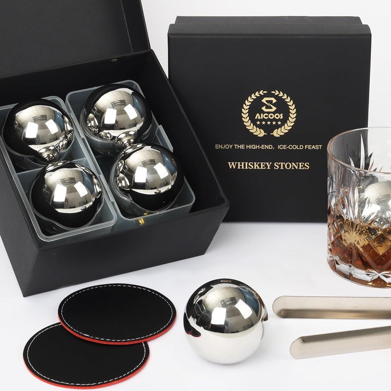 SAICOOS Gifts for Men Dad - Him and Boyfriend : Whiskey Stones Reusable Metal Steel Ice Cubes Balls Set, Bourbon Cool Anniversary Retirement Gifts, Harley Davidson Funny Gadgets 4Pcs (4XL Ice Balls) - Image 1