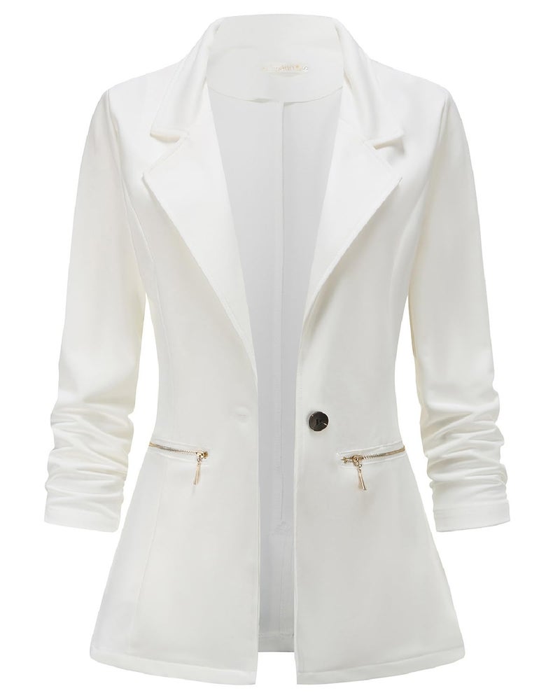 Genhoo Women's Work Casual Blazer Long Sleeve Open Front Blazer Jackets Outfit Suit with Zipper Pockets White L - Image 1