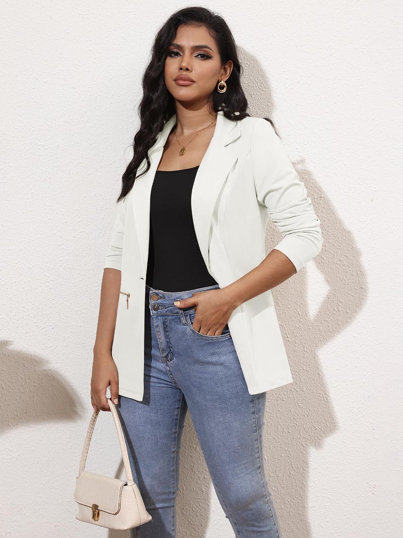Genhoo Women's Work Casual Blazer Long Sleeve Open Front Blazer Jackets Outfit Suit with Zipper Pockets White L - Image 2
