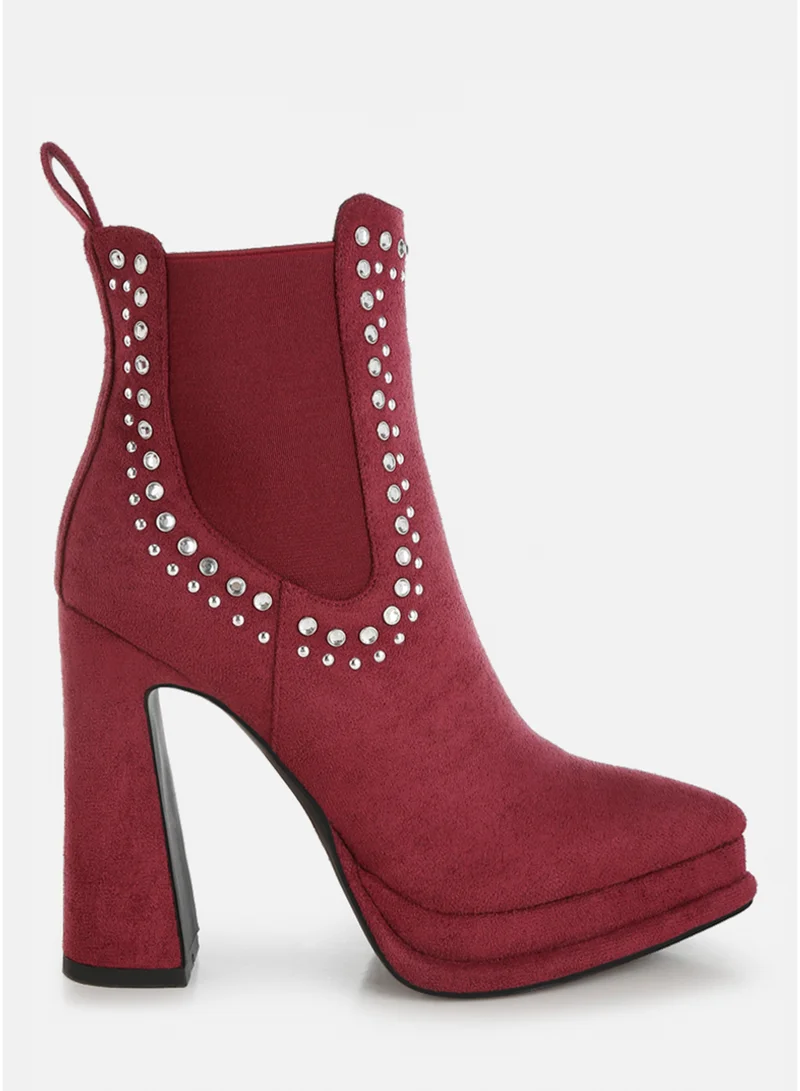 London Rag Studs Embellished High Ankle Boots in Burgundy