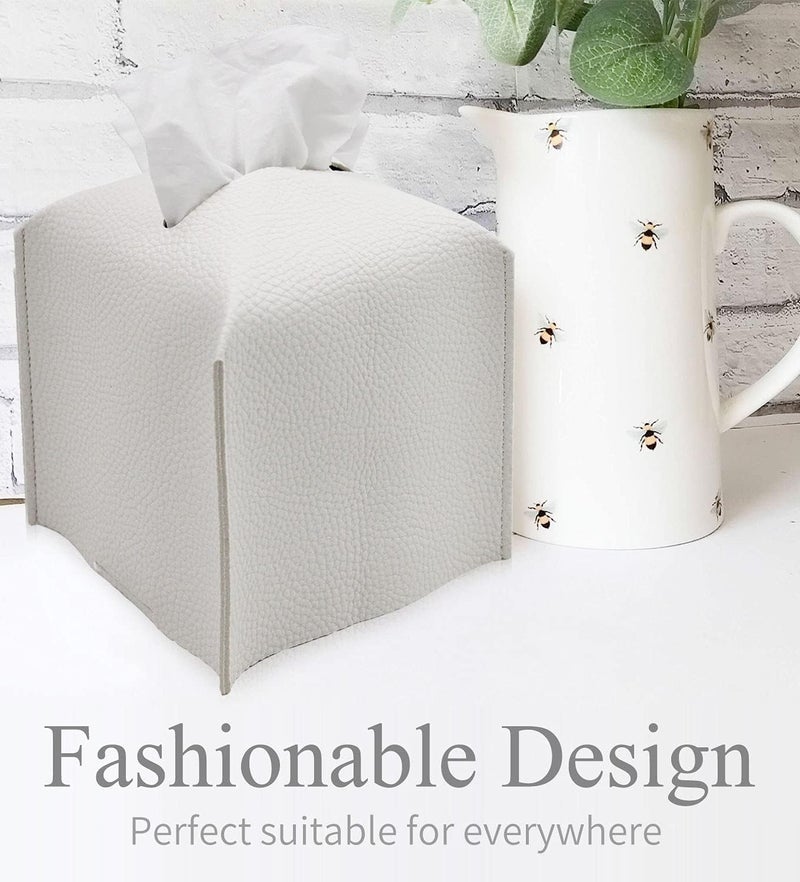 Livelab Tissue Box Cover, Square Decorative PU Leather Tissue Box Holder Modern Tissue Case Facial Paper Organizer Dispenser for Bathroom, Vanity Countertop, Night Stands, Desk 5X5X5'' | Off White - Image 2