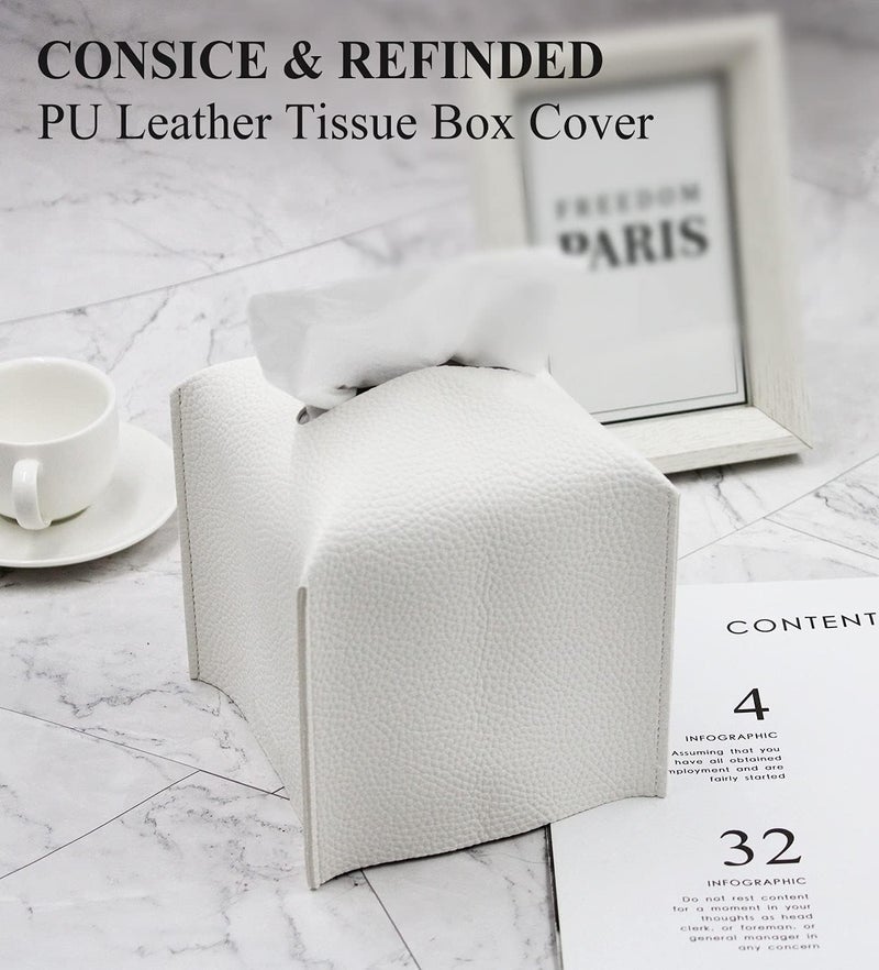 Livelab Tissue Box Cover, Square Decorative PU Leather Tissue Box Holder Modern Tissue Case Facial Paper Organizer Dispenser for Bathroom, Vanity Countertop, Night Stands, Desk 5X5X5'' | Off White - Image 4