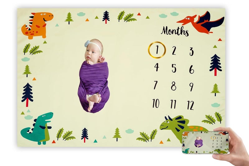 Hoolloomooloo Monthly Milestone Blanket Dinosaur Design 112 Months UltraSoft SkinFriendly Ideal for Newborn Boys Girls Perfect Baby Growth Tracker Photoshoot Prop