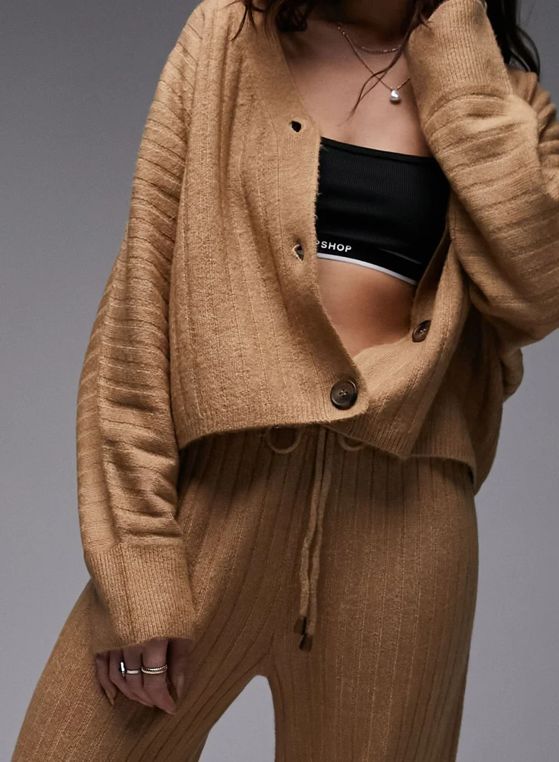 TOPSHOP Rib Cardigan & Wide Leg Loungewear Pants Set