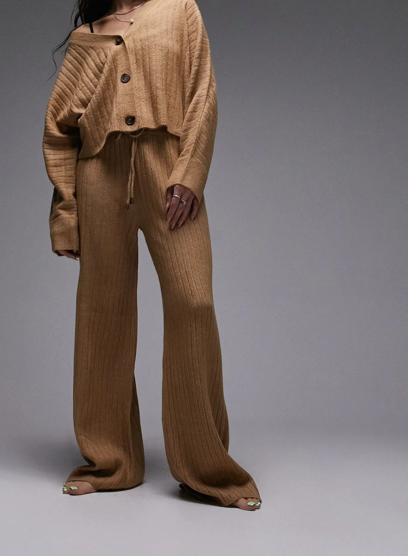 TOPSHOP Rib Cardigan & Wide Leg Loungewear Pants Set