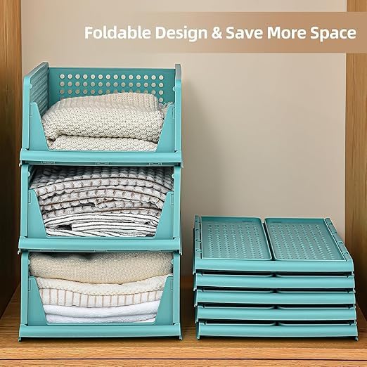 JEYANG Foldable Plastic Wardrobe Organizer - Stackable Storage Solution for Clothes, Ideal for Bathroom, Kitchen, and Bedroom Use (Pack of 12, Blue) - Image 5