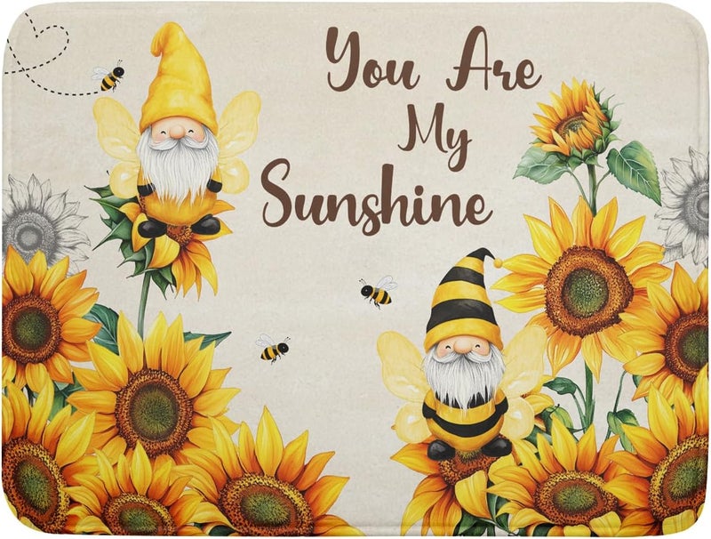 Giwawa Bee Gnomes Dish Drying Mat, Summer Sunflowers Elf Dish Drainer Mats for Kitchen Countertop, Vintage Sunshine Floral Absorbent Reversible Dish Drying Pad Decor, 18x24inches, Large - Image 1