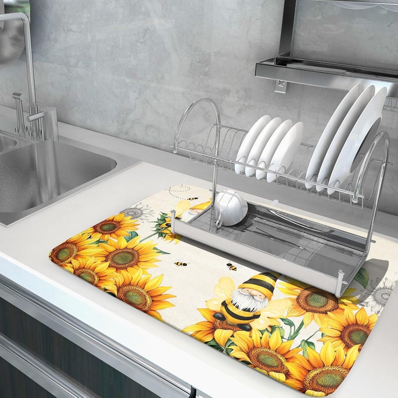 Giwawa Bee Gnomes Dish Drying Mat, Summer Sunflowers Elf Dish Drainer Mats for Kitchen Countertop, Vintage Sunshine Floral Absorbent Reversible Dish Drying Pad Decor, 18x24inches, Large - Image 5