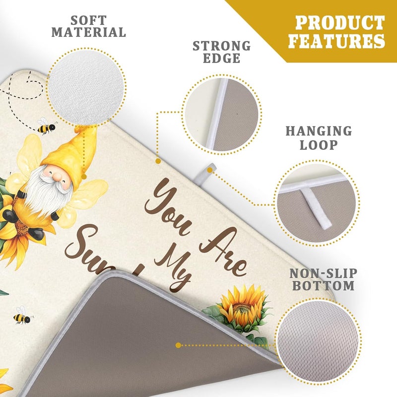 Giwawa Bee Gnomes Dish Drying Mat, Summer Sunflowers Elf Dish Drainer Mats for Kitchen Countertop, Vintage Sunshine Floral Absorbent Reversible Dish Drying Pad Decor, 18x24inches, Large - Image 4