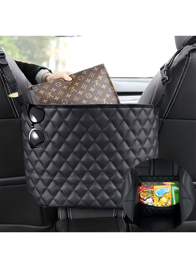 Car Net Pocket Handbag Holder，Purse Holder for Between Seats，Leather Seat Back Organizer Mesh Large Capacity Bag，Handbag Between The Two Seats - Image 1