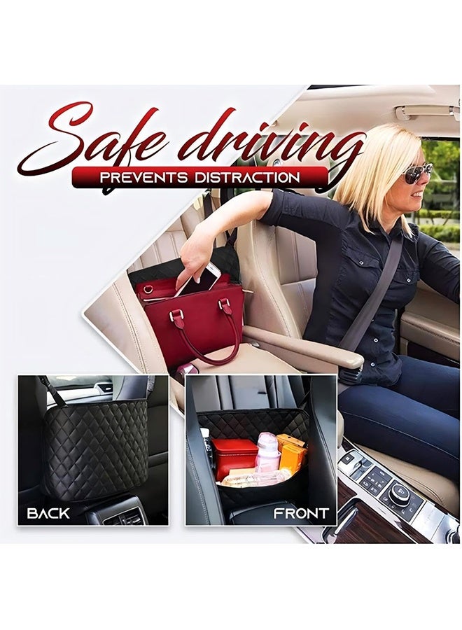 Car Net Pocket Handbag Holder，Purse Holder for Between Seats，Leather Seat Back Organizer Mesh Large Capacity Bag，Handbag Between The Two Seats - Image 2