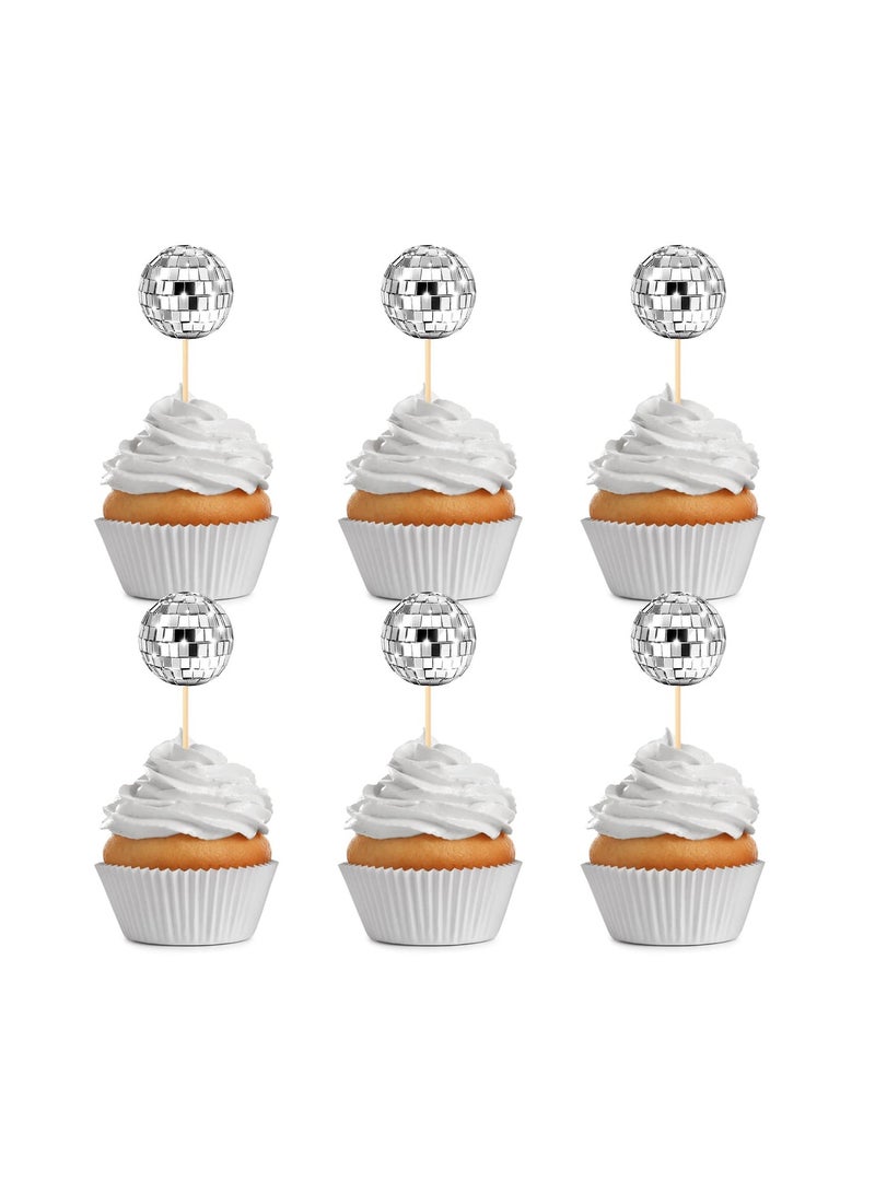 SYOSI 24 Pcs Disco Cupcake Accents, 70s Party Cake Toppers Shimmering Cupcake Embellishments Mirror Ball Dessert Toppers Disco Ball Table Centerpiece Decor for 70s Disco Themed Dance Party Supplies(2.7CM) - Image 1