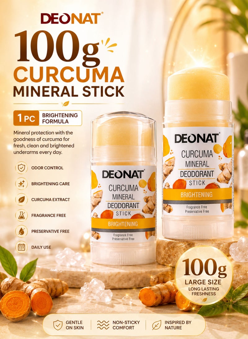DEONAT Curcuma Mineral Deodorant Stick 100g Pack of 1 Natural Mineral Underarm Odor Protection With Curcuma Extract Preservative Free Aluminum Chlorohydrate Free Non Sticky Daily Freshness - Image 1