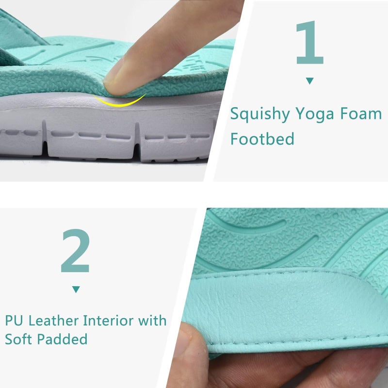 KuaiLu Casual Flip Flops for Women Comfortable Yoga Mat Arch Support Cushion Leather Slides Summer Beach Pool Outfits Flats Walking Thong Sandals Travel Essentials Orthotic Shoes Lake Blue Size 8.5 - Image 5