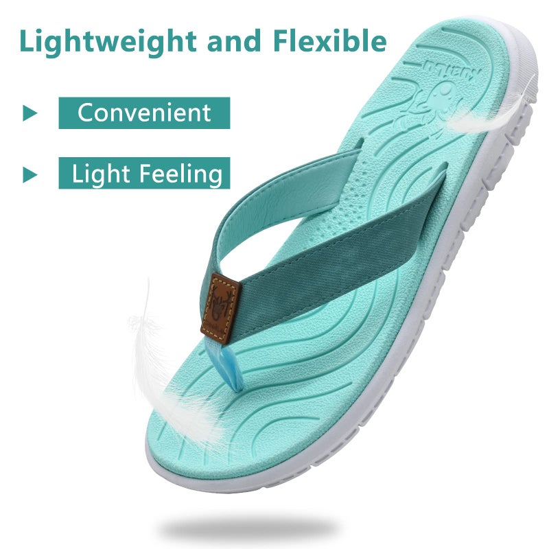 KuaiLu Casual Flip Flops for Women Comfortable Yoga Mat Arch Support Cushion Leather Slides Summer Beach Pool Outfits Flats Walking Thong Sandals Travel Essentials Orthotic Shoes Lake Blue Size 8.5 - Image 4
