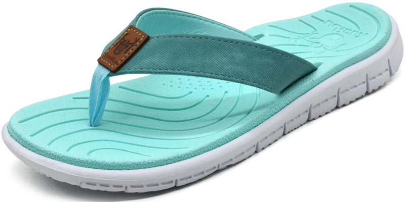 KuaiLu Casual Flip Flops for Women Comfortable Yoga Mat Arch Support Cushion Leather Slides Summer Beach Pool Outfits Flats Walking Thong Sandals Travel Essentials Orthotic Shoes Lake Blue Size 8.5 - Image 1