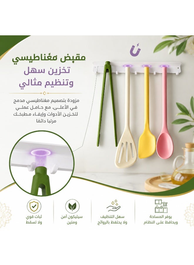 مجموعة ملاعق سيليكون مكونة من 5 قطع مع مغناطيسية، ملاعق مقاومة للحرارة لأواني الطهي غير اللاصقة، ملاعق طهي، ملاقط مطبخ مع حامل للخلط، والغرف، والكشط، والبيض، والسمك، والبرغر (متعددة الألوان) - Image 4