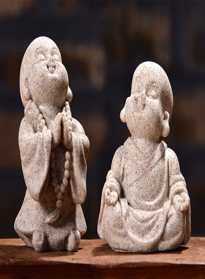 fazhongfa 2pcs Buddha Statue Happy Laughing Buddha Figurine Cute Small Monk Statues Mini Maitreya Buddha Minimalist for Desktop Ornament Home Decor Car Dashboard and Shelf Decorations Buda (Sandstone) - Image 1