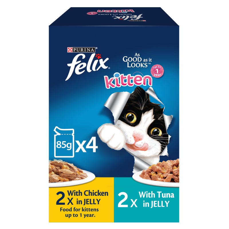 Felix Purina Felix As Good As It Looks Kitten Cat Food in Jelly (2x 85g Chicken Pouches + 2x 85g Tuna Pouches) - Image 1