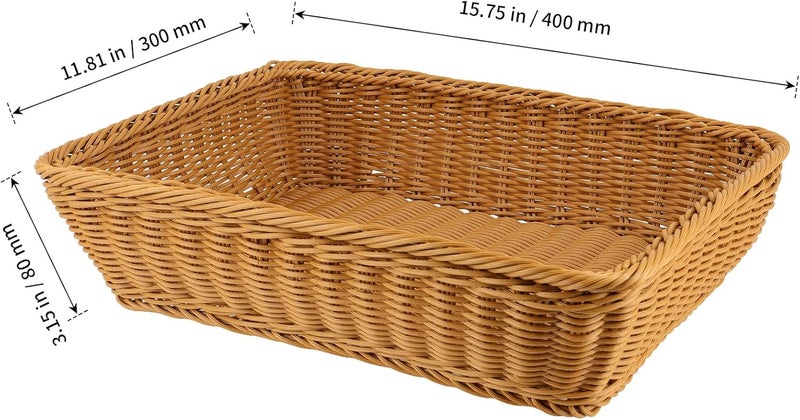 SHEUTSAN 3 Pack 157 x 118 Inch Poly Wicker Woven Bread Baskets Rectangle Handmade Rattan Woven Pantry Organizer Storage Basket Tabletop Food Serving Baskets for Bread Vegetable Fruit Food Brown - Image 2