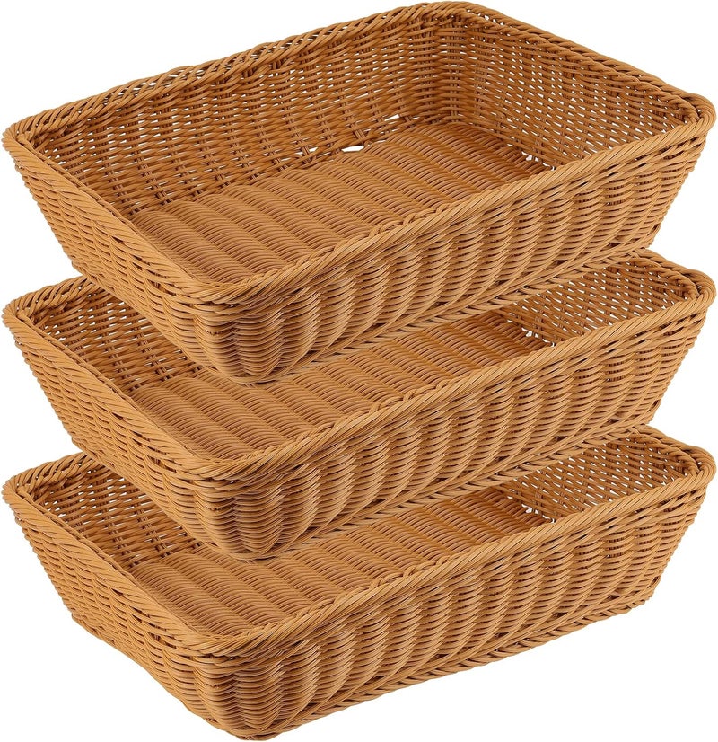 SHEUTSAN 3 Pack 157 x 118 Inch Poly Wicker Woven Bread Baskets Rectangle Handmade Rattan Woven Pantry Organizer Storage Basket Tabletop Food Serving Baskets for Bread Vegetable Fruit Food Brown - Image 1