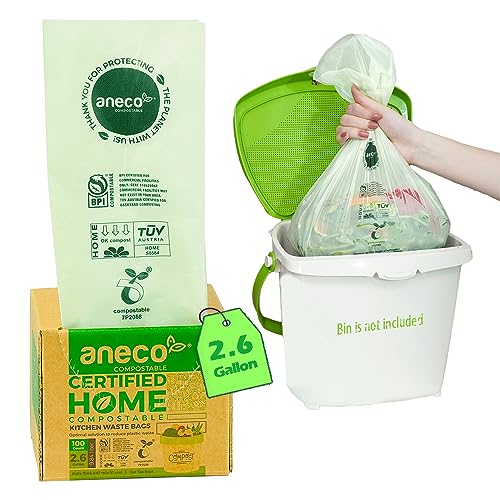 Aneco (Include 10 Bonus Bags) ANECO 100% Compostable Waste Bags 2.6 Gallon, Extra Thick Kitchen Small Compost Bags for Countertop Bin, 110 Count (100 + 10 Extra) - Image 1