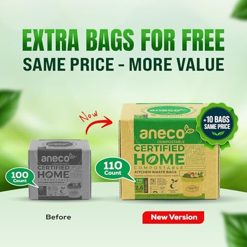 Aneco (Include 10 Bonus Bags) ANECO 100% Compostable Waste Bags 2.6 Gallon, Extra Thick Kitchen Small Compost Bags for Countertop Bin, 110 Count (100 + 10 Extra) - Image 2