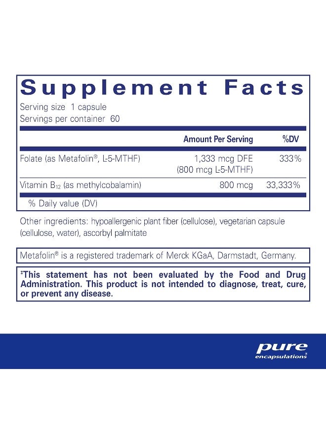 Pure Encapsulations B12 Folate | Energy Supplement to Support Well Being, Nerves, and Cognitive Health* | 60 Capsules - Image 2