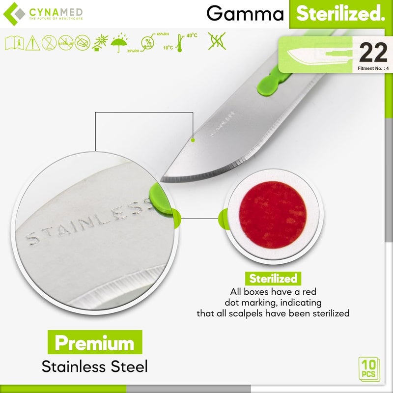 CYNAMED # 22 مشرط disposable بمقبض بلاستيكي - شفرة واحدة معقمة للحلاقة الجلدية، التشريح، طب الأقدام، العناية المهنية، إزالة حب الشباب - أداة من الفولاذ المقاوم للصدأ الجراحي - علبة من 10 - Image 3