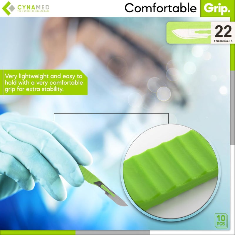 CYNAMED # 22 مشرط disposable بمقبض بلاستيكي - شفرة واحدة معقمة للحلاقة الجلدية، التشريح، طب الأقدام، العناية المهنية، إزالة حب الشباب - أداة من الفولاذ المقاوم للصدأ الجراحي - علبة من 10 - Image 5
