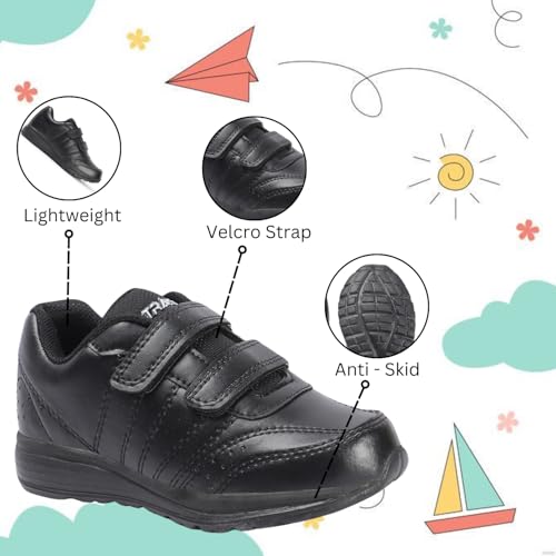 TRASE School Shoes Black for Boys & Girls | Velcro Strap | Lightweight & Comfortable | Anti-Skid Sole | All Day Wear (Black, 12 UK) - Image 2