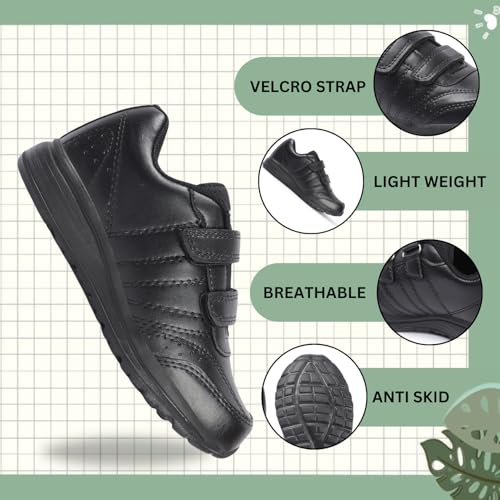 TRASE School Shoes Black for Boys & Girls | Velcro Strap | Lightweight & Comfortable | Anti-Skid Sole | All Day Wear (Black, 12 UK) - Image 3