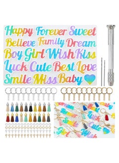 104 Pcs Alphabet Resin Molds Kit, Resin Keychain Molds for Epoxy Resin Molds Keychain with 20 Random Color Tassels 1 Hand Drill 2 Drill Bits 20 Key Rings 30 Screw Pins 30 Metal Rings(Good Vibes)
