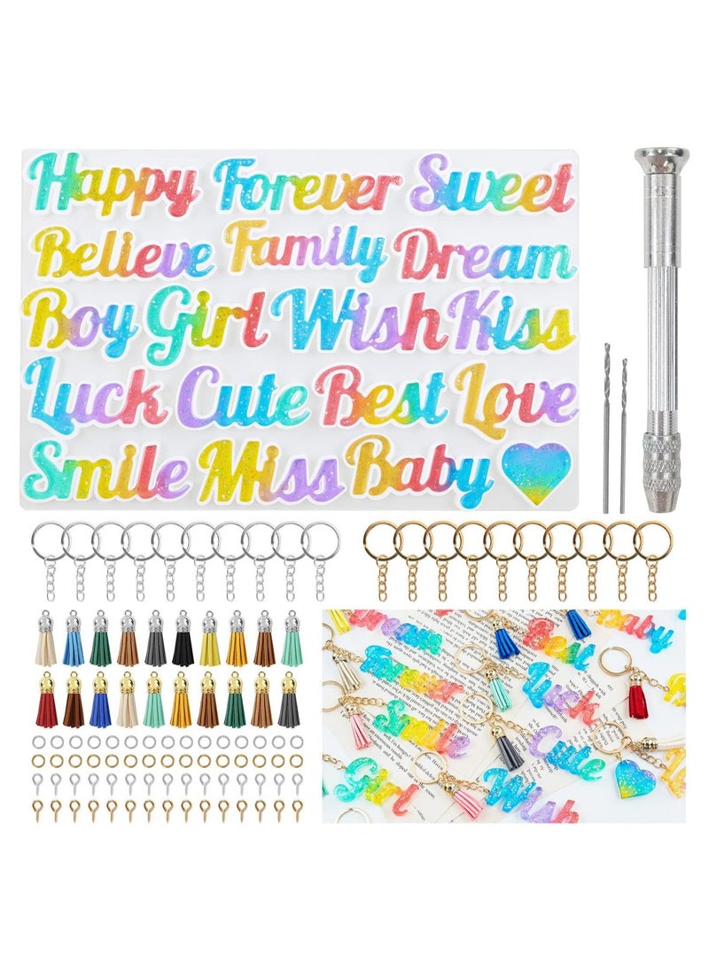 Excefore - 104 Pcs Alphabet Resin Molds Kit, Resin Keychain Molds for Epoxy Resin Molds Keychain with 20 Random Color Tassels 1 Hand Drill 2 Drill Bits 20 Key Rings 30 Screw Pins 30 Metal Rings(Good Vibes) - Image 1