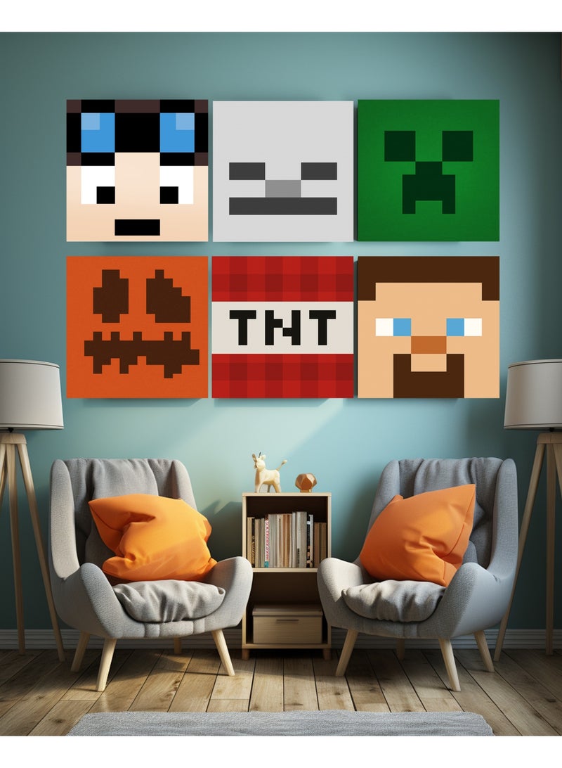 6 Piece Kids Wall Art Set – Minecraft Inspired Pixel Design – Modern Boys Room Décor