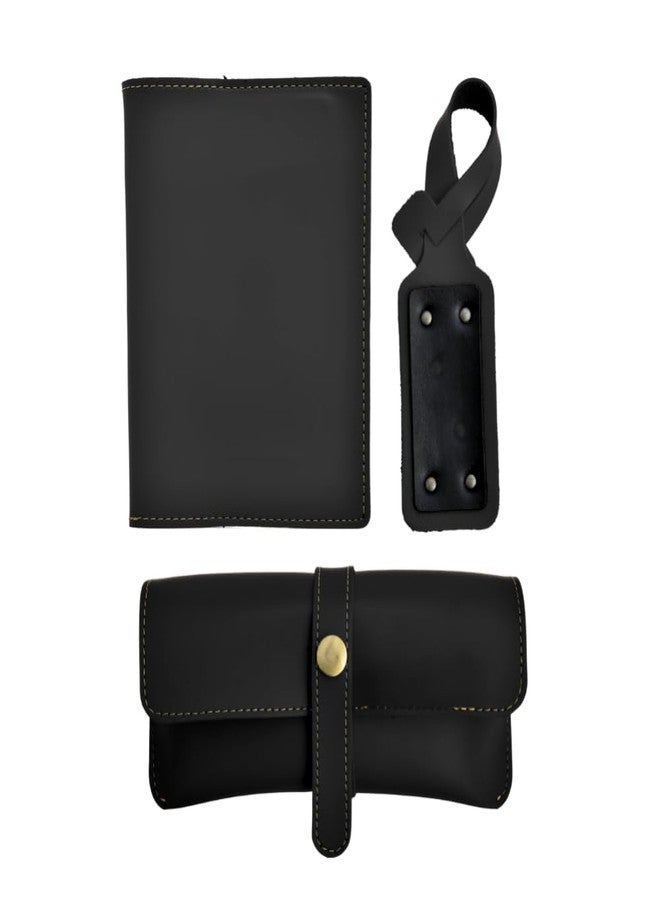 YOUR GIFT STUDIO Men's 3 Pcs Combo | All in One Men's Gift Combo | Slim Passport Cover, Eyewear Case, and Luggage Tag | Men's Vegan Leather Traveller Combo (Black) - Image 1