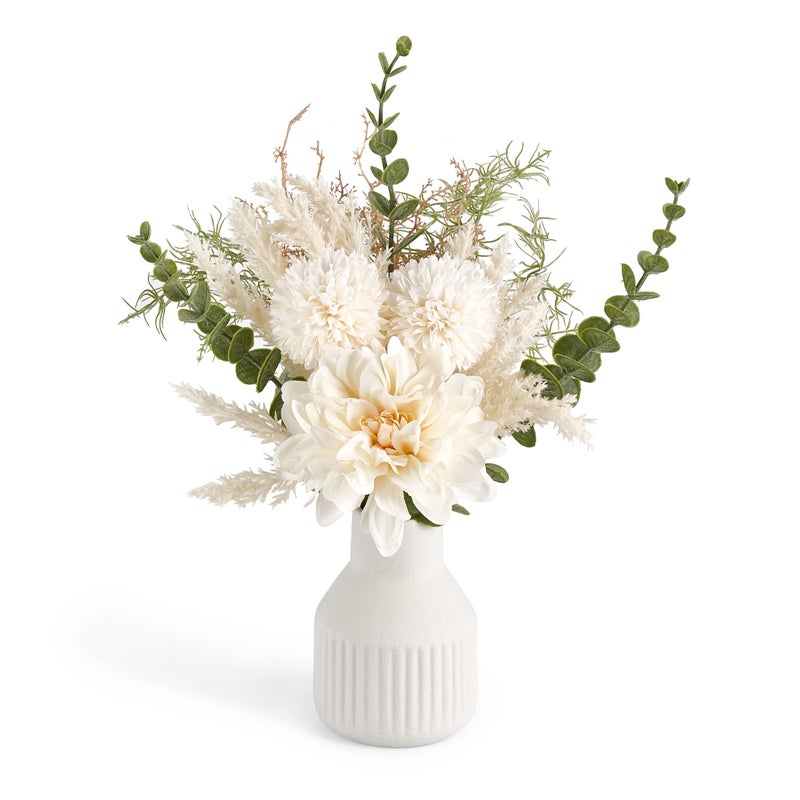 Mkono Mkono Small Artificial Flowers in Ceramic Vase 13.5"" Centerpieces Coffee Table Decor  Silk Flower Arrangements for Home Decor Indoor Fake Flower Bouquet for Dining Room Kitchen Wedding  White - Image 1