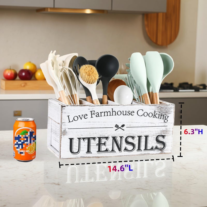 LIBODOUR Kitchen Utensil Holder, Utensil Holder For Kitchen Counter,Extra Large Cooking Spatula Organizer,Farmhouse Wooden Big Storage With 4 Compartments Rustic Flatware Spoon Tool Organizer ï¼ˆRetro Whiteï¼‰ - Image 3