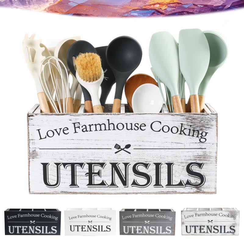 LIBODOUR Kitchen Utensil Holder, Utensil Holder For Kitchen Counter,Extra Large Cooking Spatula Organizer,Farmhouse Wooden Big Storage With 4 Compartments Rustic Flatware Spoon Tool Organizer ï¼ˆRetro Whiteï¼‰ - Image 1