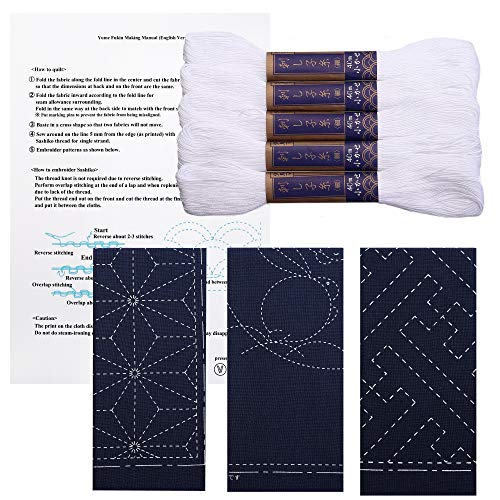 Daruma Sashiko kit, Yokota Sashiko Thread and Template Yume Fukin with Original English Manual, Fabric, Japanese Textile (White Thread/Navy Dishcloth 3) - Image 1